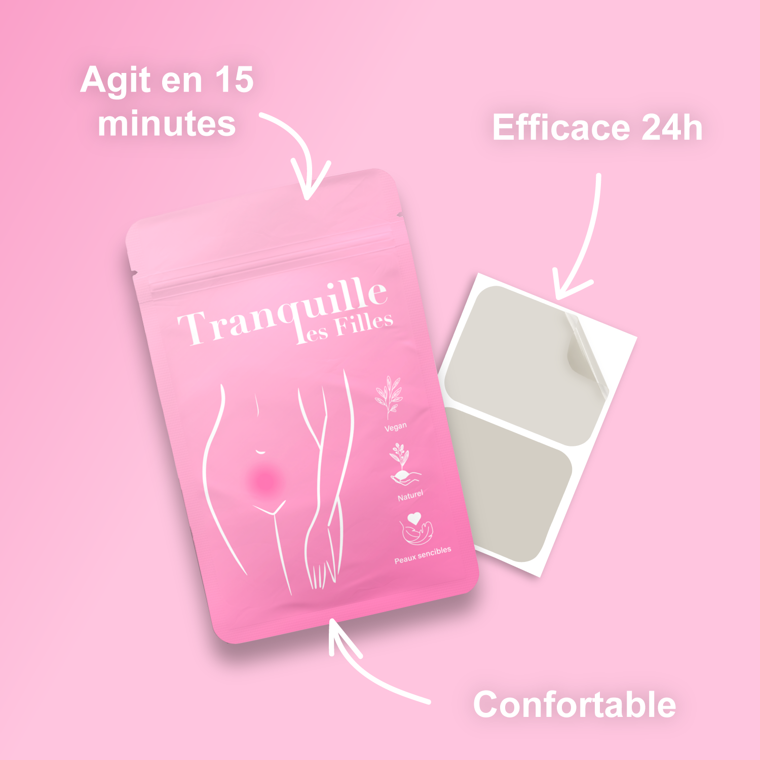 Sachet avec deux patchs au CBD pour les regles douloureuses efficace 24h agit en 15 minutes et confortable